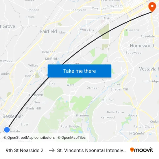 9th St Nearside 2nd Ave to St. Vincent's Neonatal Intensive Care Unit map