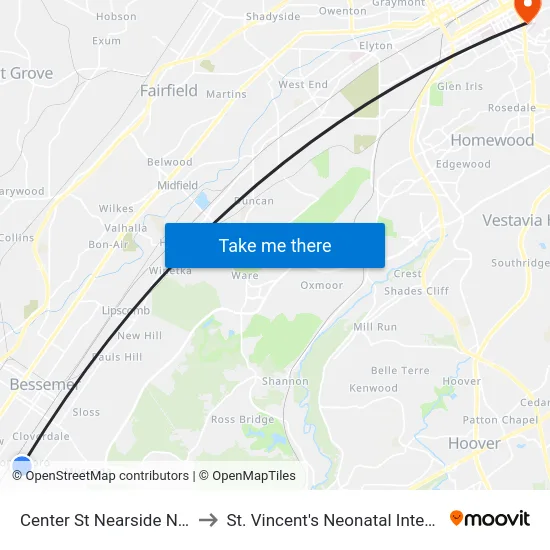 Center St Nearside Norwood Ave to St. Vincent's Neonatal Intensive Care Unit map