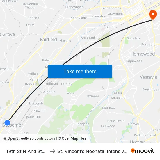 19th St N And 9th Ave N to St. Vincent's Neonatal Intensive Care Unit map