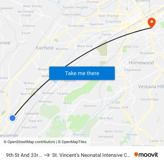 9th St And 33rd St to St. Vincent's Neonatal Intensive Care Unit map