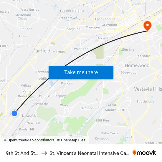 9th St And 5th St to St. Vincent's Neonatal Intensive Care Unit map