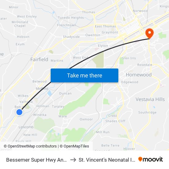 Bessemer Super Hwy And Jesse Owens Ave to St. Vincent's Neonatal Intensive Care Unit map