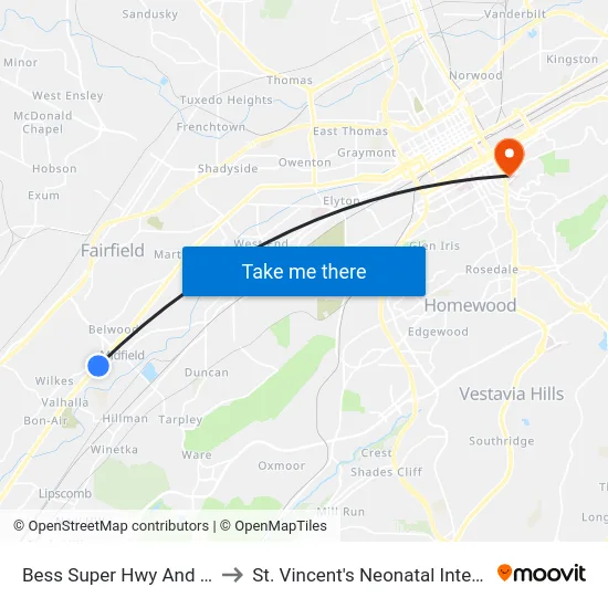 Bess Super Hwy And Grant St (Ib) to St. Vincent's Neonatal Intensive Care Unit map