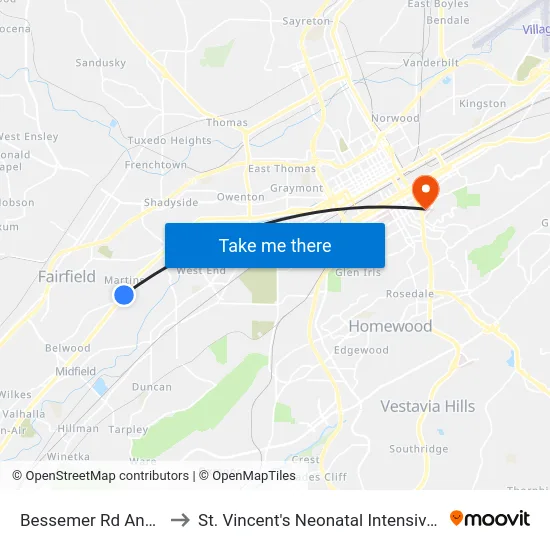 Bessemer Rd And Ave O to St. Vincent's Neonatal Intensive Care Unit map