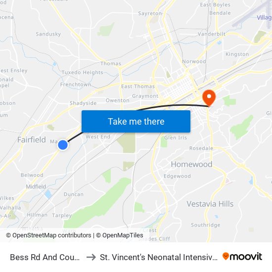 Bess Rd And Court O (Ib) to St. Vincent's Neonatal Intensive Care Unit map