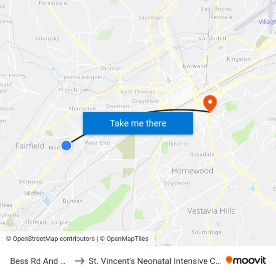 Bess Rd And Ave R to St. Vincent's Neonatal Intensive Care Unit map