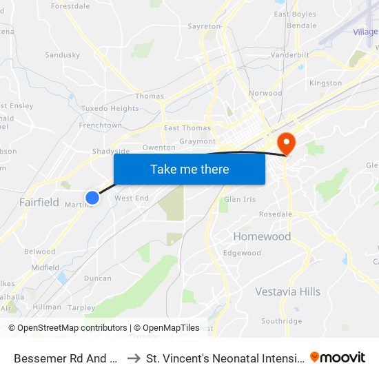 Bessemer Rd And Terrace R to St. Vincent's Neonatal Intensive Care Unit map