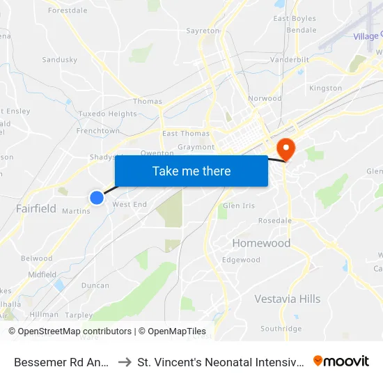 Bessemer Rd And Ave T to St. Vincent's Neonatal Intensive Care Unit map