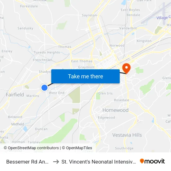 Bessemer Rd And Ave V to St. Vincent's Neonatal Intensive Care Unit map
