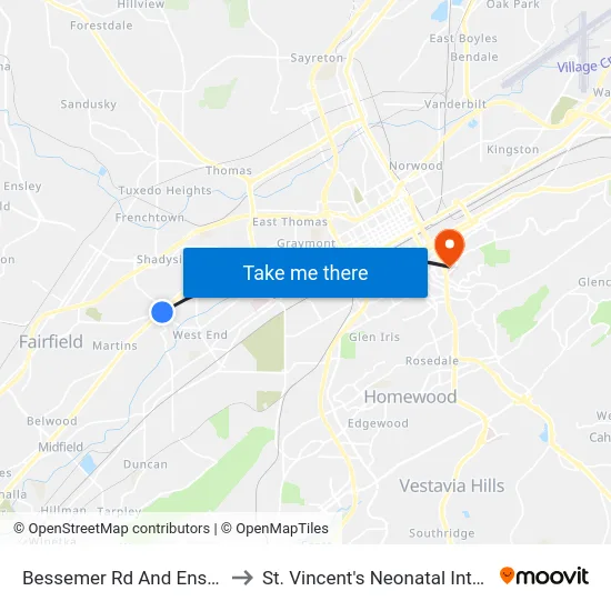 Bessemer Rd And Ensley Ave (45 Ib) to St. Vincent's Neonatal Intensive Care Unit map