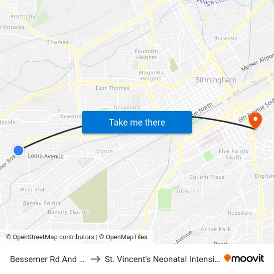 Bessemer Rd And Lombave to St. Vincent's Neonatal Intensive Care Unit map