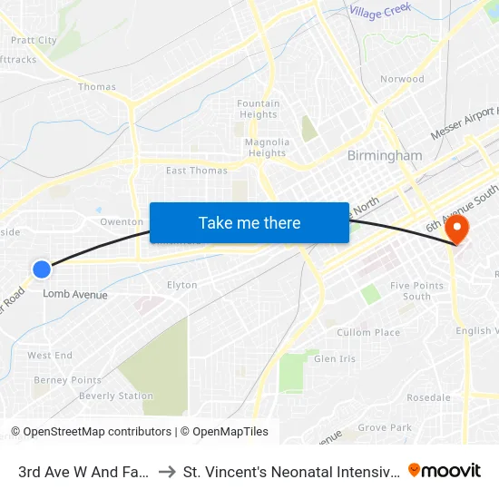 3rd Ave W And Fayette St to St. Vincent's Neonatal Intensive Care Unit map