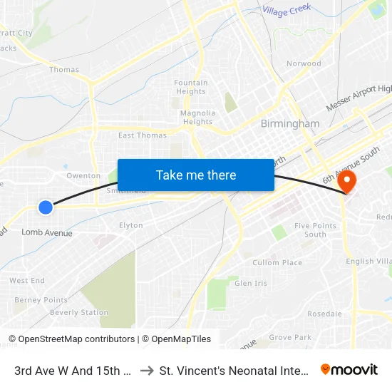 3rd Ave W And 15th Street West to St. Vincent's Neonatal Intensive Care Unit map