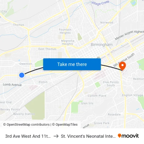 3rd Ave West And 11th Street West to St. Vincent's Neonatal Intensive Care Unit map