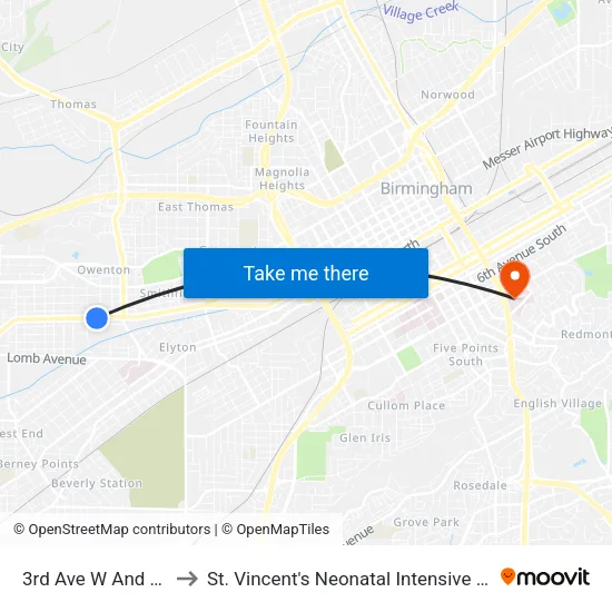3rd Ave W And 9th St to St. Vincent's Neonatal Intensive Care Unit map