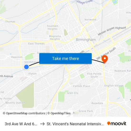 3rd Ave W And 6th St W to St. Vincent's Neonatal Intensive Care Unit map