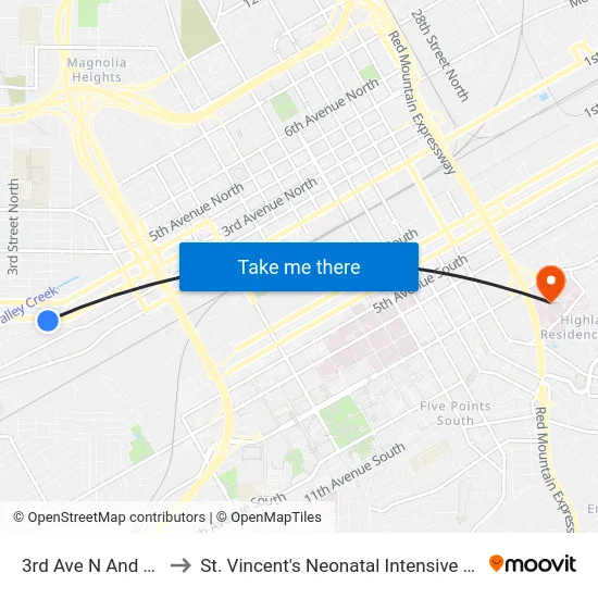 3rd Ave N And 5th St to St. Vincent's Neonatal Intensive Care Unit map