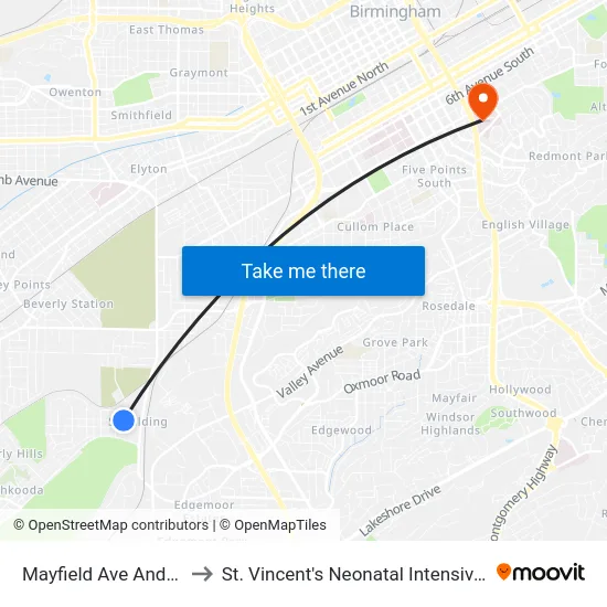 Mayfield Ave And 12th Pl to St. Vincent's Neonatal Intensive Care Unit map