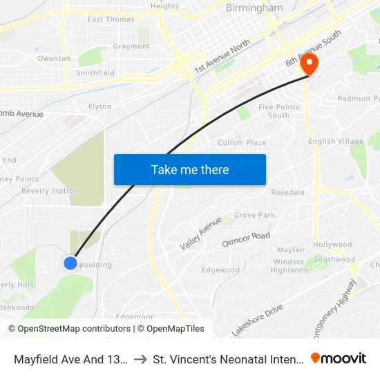Mayfield Ave And 13th Way SW to St. Vincent's Neonatal Intensive Care Unit map