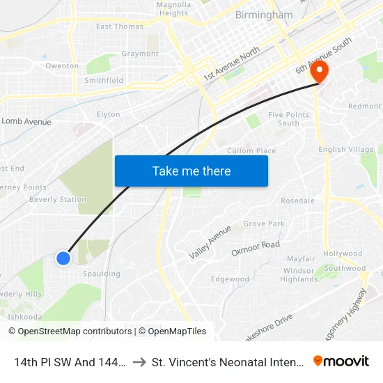 14th Pl SW And 1445 Address to St. Vincent's Neonatal Intensive Care Unit map