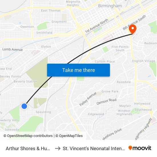 Arthur Shores & Hugh Denman to St. Vincent's Neonatal Intensive Care Unit map