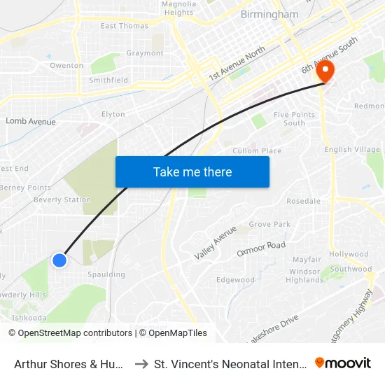 Arthur Shores & Hugh Denman to St. Vincent's Neonatal Intensive Care Unit map
