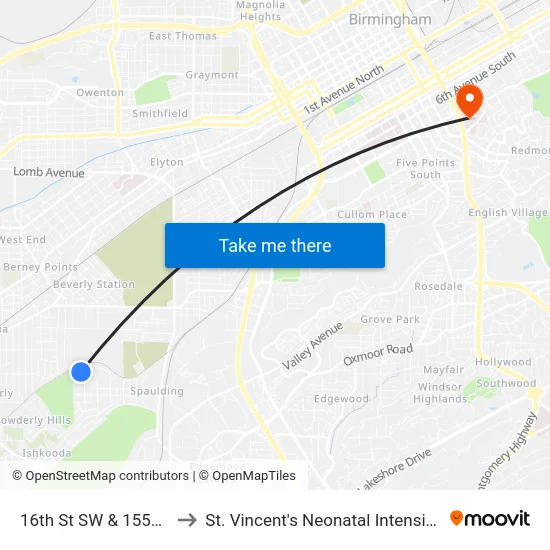 16th St SW & 1552 Adress to St. Vincent's Neonatal Intensive Care Unit map