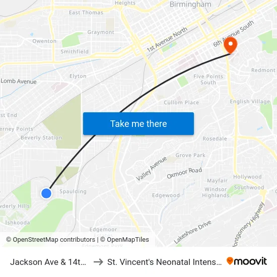Jackson Ave & 14th Way SW to St. Vincent's Neonatal Intensive Care Unit map