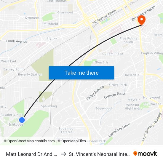 Matt Leonard Dr And 16th Way SW to St. Vincent's Neonatal Intensive Care Unit map