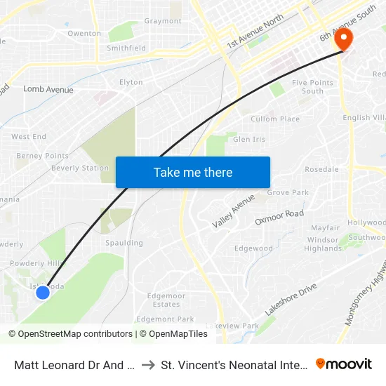 Matt Leonard Dr And Ishkooda Rd to St. Vincent's Neonatal Intensive Care Unit map