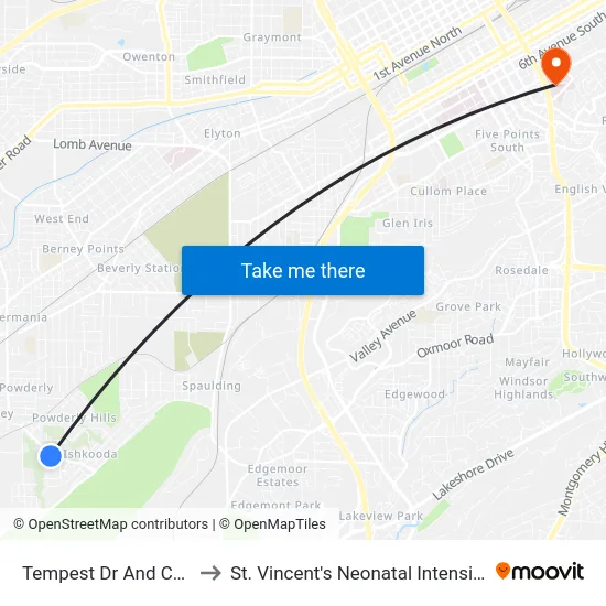 Tempest Dr And Century Dr to St. Vincent's Neonatal Intensive Care Unit map