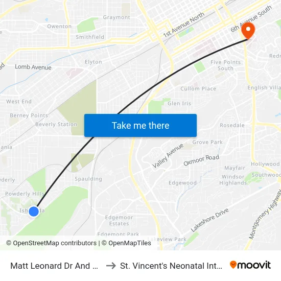 Matt Leonard Dr And 17th Place SW to St. Vincent's Neonatal Intensive Care Unit map