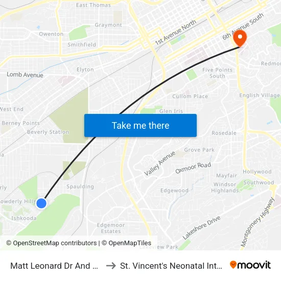 Matt Leonard Dr And 16th Place SW to St. Vincent's Neonatal Intensive Care Unit map