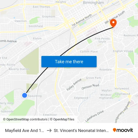 Mayfield Ave And 14th St SW to St. Vincent's Neonatal Intensive Care Unit map