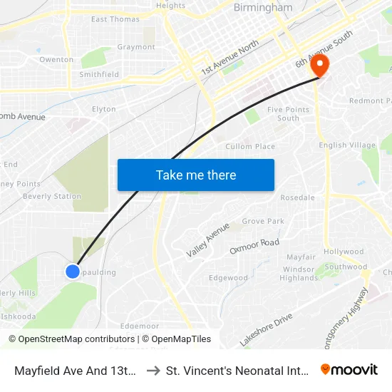 Mayfield Ave And 13th Way SW (Ib) to St. Vincent's Neonatal Intensive Care Unit map