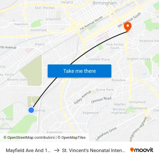 Mayfield Ave And 13th St SW to St. Vincent's Neonatal Intensive Care Unit map