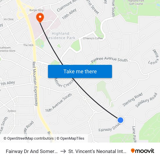 Fairway Dr And Somerset Circle (Ib) to St. Vincent's Neonatal Intensive Care Unit map