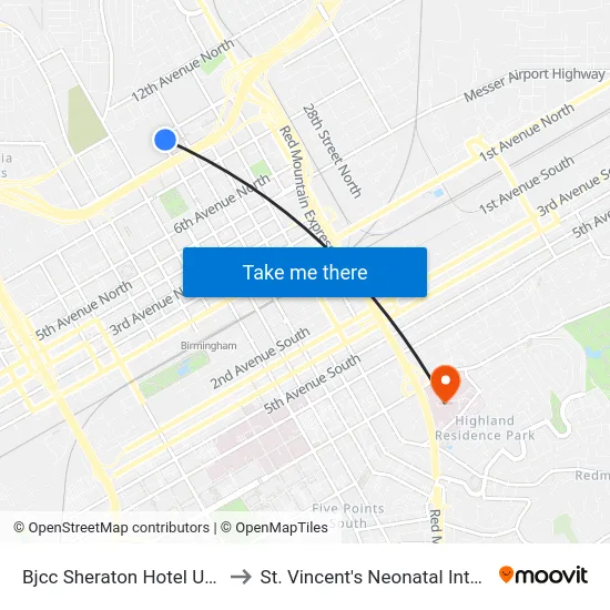 Bjcc Sheraton Hotel Uptown District to St. Vincent's Neonatal Intensive Care Unit map