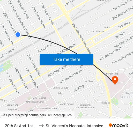 20th St And 1st Ave N to St. Vincent's Neonatal Intensive Care Unit map