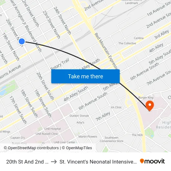 20th St And 2nd Ave N to St. Vincent's Neonatal Intensive Care Unit map