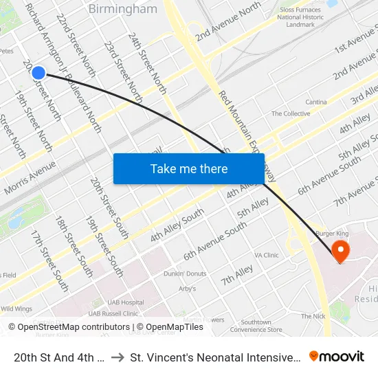 20th St And 4th Ave N to St. Vincent's Neonatal Intensive Care Unit map