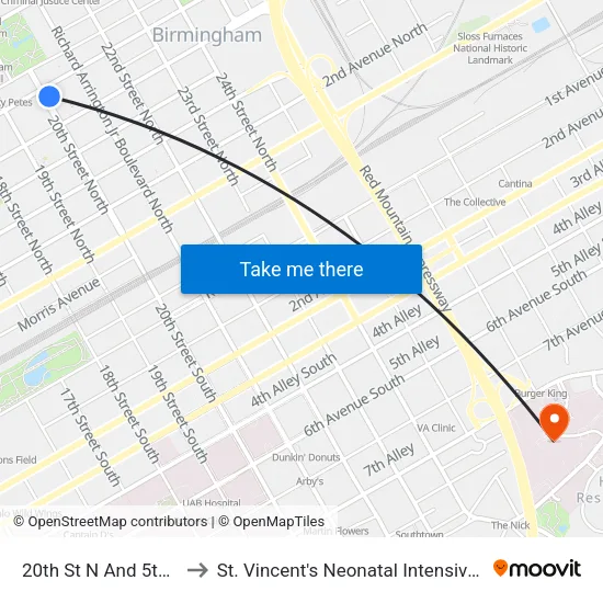 20th St N And 5th Ave N to St. Vincent's Neonatal Intensive Care Unit map