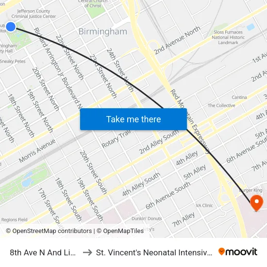 8th Ave N And Linn Park to St. Vincent's Neonatal Intensive Care Unit map