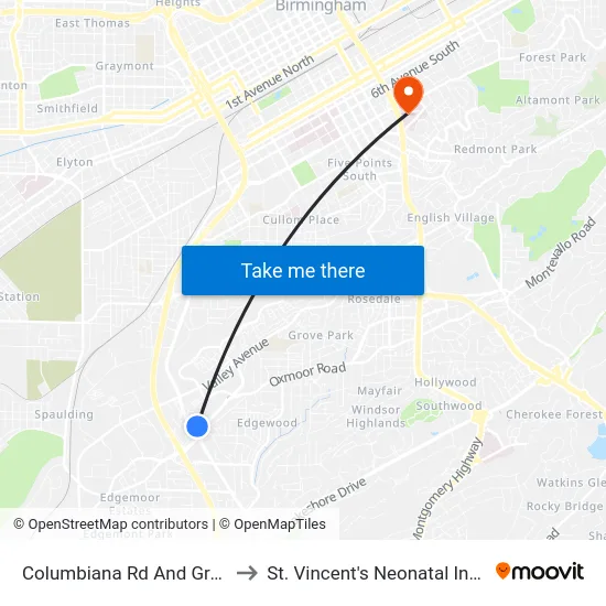 Columbiana Rd And Greensprings Hwy to St. Vincent's Neonatal Intensive Care Unit map