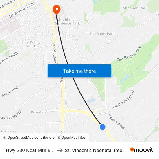 Hwy 280 Near Mtn Brook Center to St. Vincent's Neonatal Intensive Care Unit map