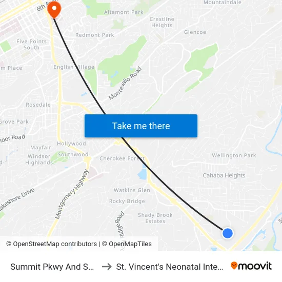 Summit Pkwy And Summit Place to St. Vincent's Neonatal Intensive Care Unit map