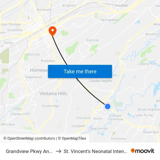 Grandview Pkwy And Hwy 280 to St. Vincent's Neonatal Intensive Care Unit map