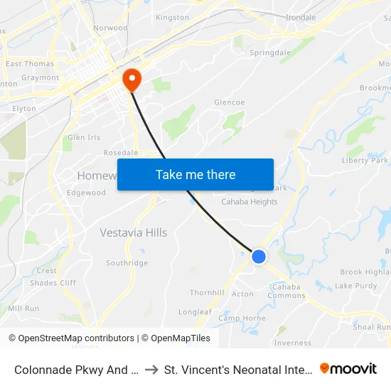 Colonnade Pkwy And Blue Lake Dr to St. Vincent's Neonatal Intensive Care Unit map