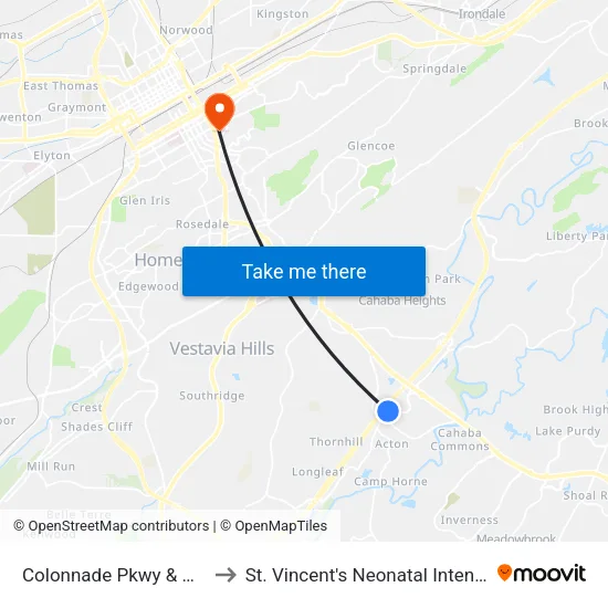 Colonnade Pkwy & Comfort Inn to St. Vincent's Neonatal Intensive Care Unit map