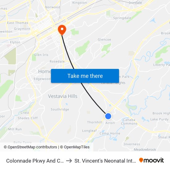 Colonnade Pkwy And Cahaba River Rd to St. Vincent's Neonatal Intensive Care Unit map